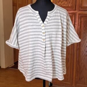 Vtg Notations Gray/White Striped S/S Womens T-Shirt 2X Top Henley Y2K 80s 90s